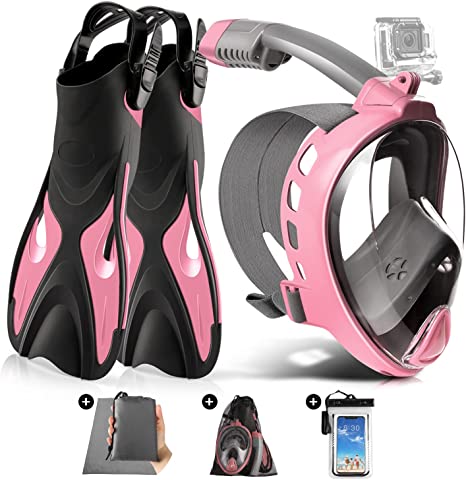 Odoland 5-in-1 Snorkel Set, Snorkeling Gear for Adults with Full Face Snorkel Mask, Adjustable Swim Fins, Beach Blanket, Waterproof Case and Mesh Bag, Anti-Fog Anti-Leak Scuba Gear for Men Women