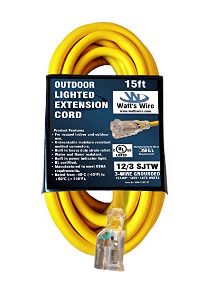 15 ft 12 Gauge Heavy Duty Indoor Outdoor SJTW Lighted Extension Cord by Watts Wire - Yellow 15 foot 12 AWG Copper Lighted Grounded 12/3 Extension Cord