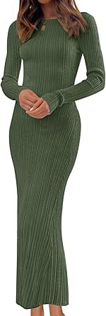 MEROKEETY Women's 2024 Long Sleeve Bodycon Sweater Dress Fall Crew Neck Ribbed Knit Maxi Dresses