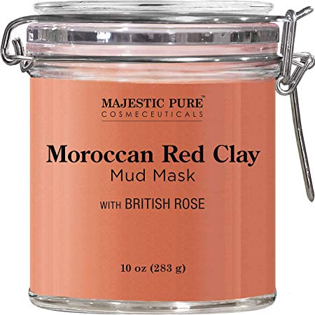MAJESTIC PURE Moroccan Red Clay Facial Mud Mask with British Rose - Natural Skin Care Face Mask for Pore Cleansing and Dull & Sensitive Skin - Fights Acne and Blackheads - 10 oz