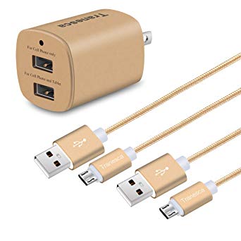 Tranesca Dual USB Wall Charger with 2 Pack 6ft Micro USB Cable - Only for Android and All Micro USB Enabled Devices, NOT for Apple or USB Type C Devices (Gold)