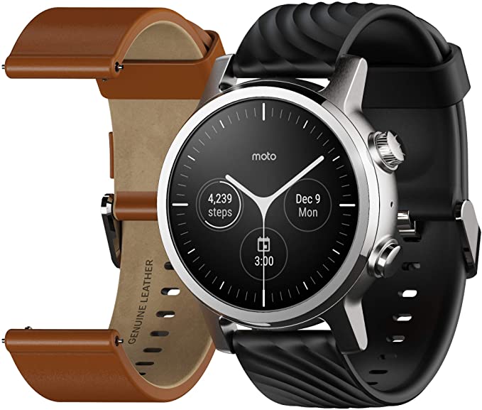 Moto 360 3rd Gen 2020 - WearOS by Google - The Luxury Stainless Steel Smart Watch with Included Genuine Leather and high Impact Sports Bands - Steel Gray