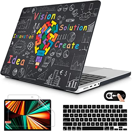 Mektron Printed Case for MacBook Pro 16 M1 A2485/M2 A2780 (2021/2023), Geometric Blackboard Hard Shell Case Cover Keyboard Skin & Screen Protector Compatible with MacBook Pro 16 (Touch ID) , Black