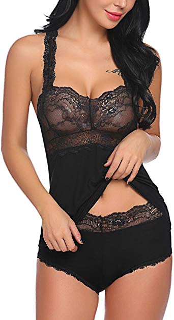 ELOVER Women Lace Pajamas Set Shorts Nightwear Camisole Sets Sexy Sleepwear