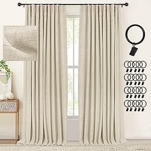 INOVADAY Blackout Curtains, 2-Panel Linen Textured 100% Thermal Insulated Room Darkening Sun Blocking Drapes for Bedroom, Nursery, Living Room + 20 Curtain Ring Clips - W50 x L72, Natural Flax