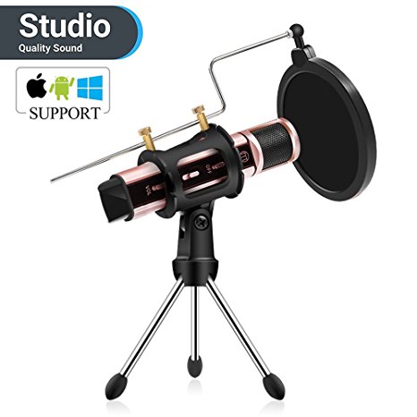 Condenser Microphone, ZealSound Recording & Broadcasting Microphone With Stand Built-in Sound Card Echo Recording Karaoke Singing for iPhone Phone Windows/Mac Garageband Smule Live Stream (Rose Gold)