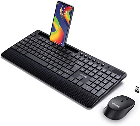 VictSing Wireless Keyboard and Mouse Combo, Wireless Mouse and Keyboard 2.4GHz Lag-Free Ergonomic Full-Size with Phone Holder & 10 Independent Shortcuts, Silent Mouse with 3 DPI