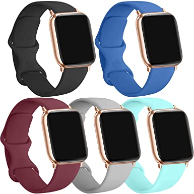 [5 Pack] Silicone Bands Compatible for Apple Watch Bands 38mm 40mm, Sport Band Compatible for iWatch Series 6 5 4 3 SE, Black/Wine red/Blue/Gray/Light Blue, 38mm/40mm-S/M