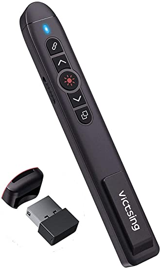 VicTsing (Upgraded Version) Presentation Clicker with Laser Pointer, 2.4GHz Wireless Clicker, Switch Windows/Hyperlink/Volume Control/Video Pause, Red Laser Pen for Google Slides, PowerPoint, Prezi