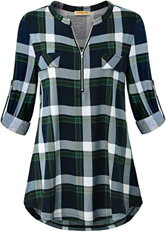 MIXJOY Baikea Women's 3/4 Rolled Sleeve Zipped V Neck Plaid Shirt Casual Tunic Blouses