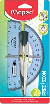 Maped Precision Metal Bow Compass & Protractor, 3 Piece Set (291049)