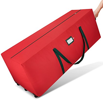 Premium 600D Oxford 9' Christmas Tree Storage Bag with Wheels, By Zober, extra Large Easy Rolling Duffel Bag for Un-Assembled Artificial Trees, Extra Stitched Handles for Carrying 59"L 24"W 22"D Red