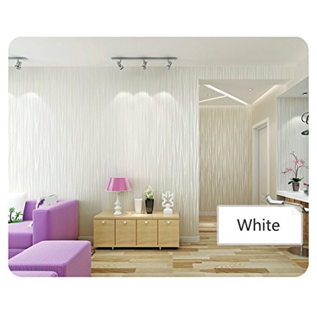 HaloVa Wallpaper, Non-woven 3D Stereo Plain Stripe Self Adhesive Wallpaper Wall Sticker for Bedroom Living Room, Modern Minimalist Fashion Tv Background Wallpaper Roll, White