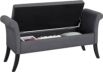 Yaheetech Fabric Modern Tufted Large Storage Bench with Rolled Arms Cushioned Storage Bench Entryway Bench Functional Storage Bench Footstool Foot Rest for Living Room Bedroom Window Side Dark Gray