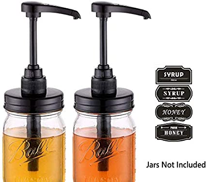Elwiya Mason Jar Syrup & Honey Dispenser Pump Lids, Rust Proof, Plastic Dispenser Lid for 16 oz Regular Mason Jar Kitchen and Table Decor - 2 Pack