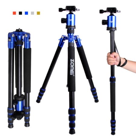 Zomei Z818 65-inch Lightweight Camera Tripod, Aluminum Portable Detachable Monopod, 360 degree Ball Head, 1/4" Quick Release Plate with Carrying Bag for Canon Nikon Sony - 33lbs(15kg) Load (Blue)