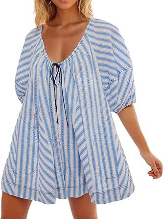 Summer Tshirt Rompers for Women,Casual Striped Puff Short Sleeve Rompers,Adjustable Neck Oversized Jumpsuit with Pockets