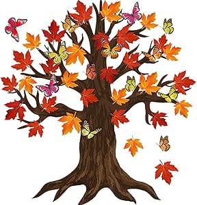 60 Pieces 70 x 55 Inch Classroom Big Tree Bulletin Board Set with Leaves and Butterflies, Woodland Whimsy Decor with 180 Pieces Removable Glue Point Dots for School Decoration (Red and Orange Leaves)