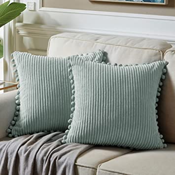 Fancy Homi Pack of 2 Farmhouse Decorative Throw Pillow Covers with Pom-poms, Soft Corduroy Solid Square Cushion Cases Set for Couch Sofa Bedroom Car Living Room (16x16 Inch/40x40 cm, Grey Blue)