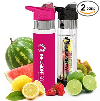Infusion Pro Premium Fruit Infused Water Bottle (2 Pack or 1 Pack) Insulating Sleeves and Flavored Water Recipe eBook Included, Bottom Infuser Style with Flip Top Lid - 24 oz BPA Free Tritan Plastic