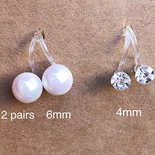 2 Pairs Invisible Clip On Pearl Stud Earrings for Non-pierced Ears, Dainty 6mm Round Shell Pearls   4mm Clear Glass Rhinestone Clip-ons Earring Sets