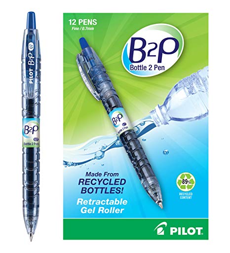 Pilot B2P - Bottle to Pen - Retractable Gel Roller Pens Made from Recycled Bottles, Fine Point, Blue, Dozen Box (31601)
