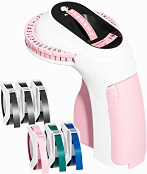 Phomemo E975 Embossing Label Maker Machine with 6 Tapes, 3D Portable Embossed Label Printer Writer, Handheld Embosser Label Printer with 6 Rolls Emboss Tapes for Office Home Organization and DIY -Pink