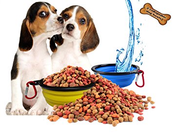 Collapsible Silicone Bowls For Dogs By Donidin. Portable, Foldable and Expandable Pet, Cat, Dog Food and Water Dishes. Packable Travel Dog Feeding Bowls With Carabiners. Set Of 2, Blue And Yellow.
