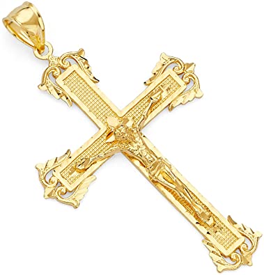 14k Yellow Gold Crucifix Jesus Cross Religious Charm Pendant (Size : 54 x 31 mm)