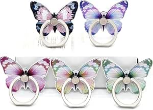 HZZADZXW 5 Pcs Butterfly Cell Phone Ring Stand Holder, Cute Butterfly Design Finger 360° Rotating Metal Hand Phone Stand Holder, with Adjustable Knob Loop (Purple, Blue,Green,Yellow,Pink)