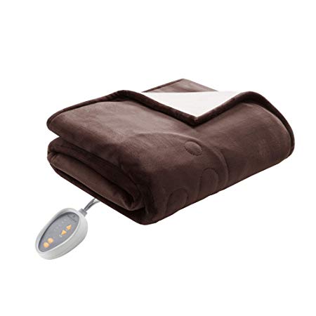 Woolrich Ultra Soft Knitted Plush Reverse to Sherpa Auto Shut Off Electric Blanket with Two 20 Heat Level Setting Controllers King: 100x90" Chocolate