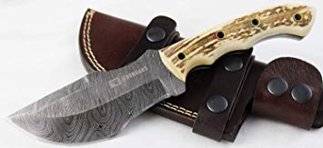 Moorhaus Handmade Raindrop Damascus Genuine Stag Tracker Knife Sub Hilt with Serrated Upper Spine - a Work of Art!