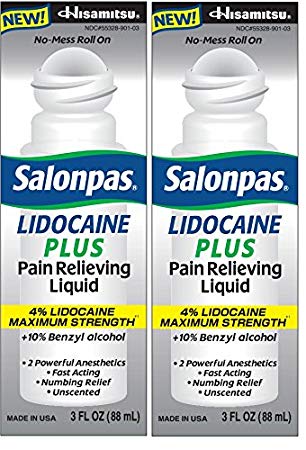 Salonpas LIDOCAINE PLUS 3 oz ROLL ON Pain Relieving Liquid! Maximum Strength 4% Lidocaine for Numbing Pain Relief! MESS FREE Application! (2 PACK)
