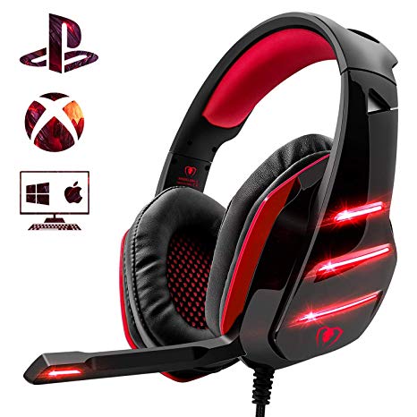 Gaming Headset for PS4 Xbox One, Beexcellent Deep Bass Surround Sound Over Ear Headphones with Noise Cancelling Mic, LED Lights, Volume Control, 3.5mm Jack for PC Laptop Mac Smartphone