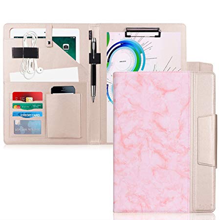 Toplive Portfolio Case Padfolio, Executive Business Document Organizer with Letter Size Clipboard, Card Holder, Tablet Sleeve(up to 10.5), Perfect for Business School Office Conference, Marbling Pink
