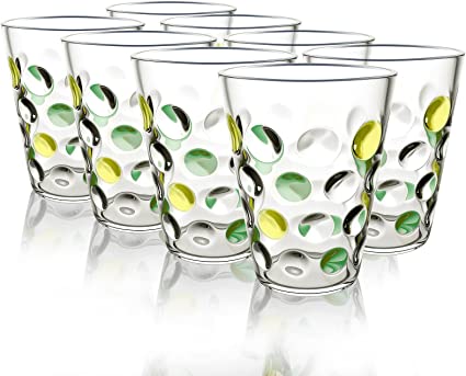 TOPSKY Unbreakable Reusable Plastic Tumbler, 8 Pack 12-Ounce Stackable Shatter-Resistant Acrylic Drinking Glasses, Multicolor Dots Plastic Cups, Dishwasher Safe, Water Cups, Juice Tumblers (Green)