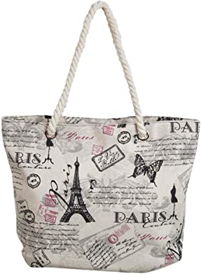 Premium Large Paris Eiffel Butterfly Print Cotton Canvas Tote Shoulder Bag Handbag Beige