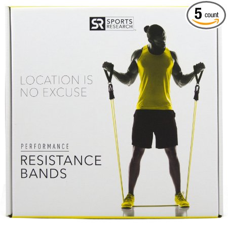 Exercise Resistance Bands (Heavy Duty) - Set of 5 by Sports Research | Premium Workout kit inlcudes FREE Sweet Sweat Sample, Door Anchor, Ankle Strap, Exercise Chart & and Carrying Bag