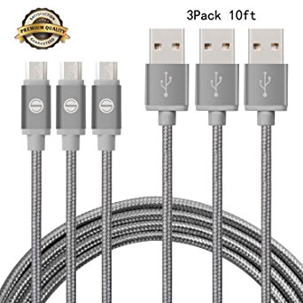 SGIN Micro USB Cable,3-Pack 10ft Nylon Braided Charging Cord - Extra Long USB 2.0 Sync and Charge for Android Devices, Samsung Galaxy, Sony, Motorola Nokia,and More(Grey)