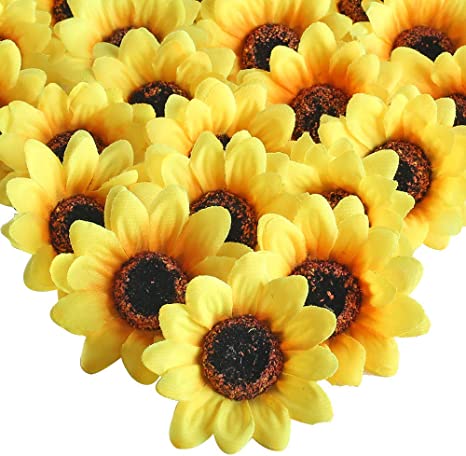 XYXCMOR Artificial Silk Sunflower Heads 50pcs 2.8" Fake Sunflower Flowers Gerber Daisies Flores Petals for Wreath Wedding Party Fall Craft Decorations Yellow