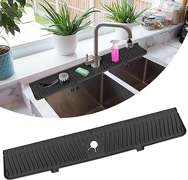 Kitchen Sink Splash Guard, 30"x 5.5" Sink Splash Guard Mat, Longer Silicone Faucet Handle Drip Catcher Tray for Kitchen, Bathroom, Farmhouse (Black)