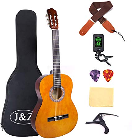 Classical Guitar Acoustic Guitar 4/4 Size 39 inch Beginner Adult Guitar 6 Nylon Strings Guitar Starter Kits with Waterproof Bag Guitar Clip Tuner Capo Strap Picks Wipe