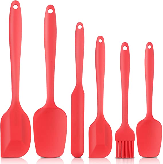 Heat Resistant Silicone Spatulas, Bakeware Set of 6 Non-Stick Ergonomic Cooking Baking Mixing Rubber Spatula Kitchen Utensils, Red