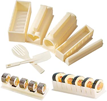 10 Piece Sushi Making Kit for Beginners Plastic Sushi Maker Tool Complete with 8 Sushi Rice Roll Mold Shapes Fork Spatula DIY Home Sushi Tool for Maki Rolls Sushi Rolls