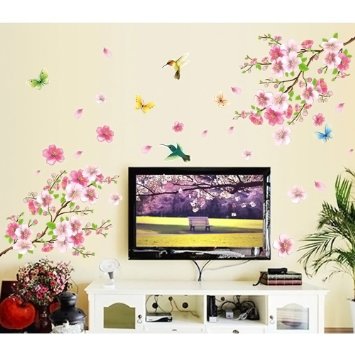 Cukudy Pink Cherry Blossom Tree with Butterfly Vinyl Art Wall Decal