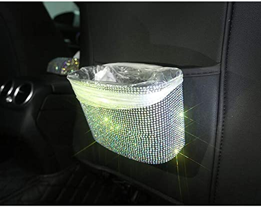LuckySHD Car Trash Can,Bling Car Garbage Can Container Hanging Wastebasket with Rhinestones