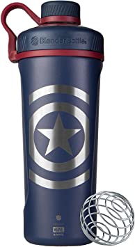 BlenderBottle Marvel Radian Shaker Cup Insulated Stainless Steel Water Bottle with Wire Whisk, 26-Ounce, Captain America Shield