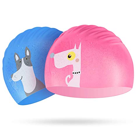 Kids Swim Cap 2 Pack, Elastic Silicone Swiming Cap (Pink & Blue for Girls & Boys) Junior Bathing Cap Easy to Fit- Waterproof Swim Hat for Toddler Age 3-10