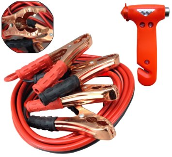 Jumper Cable & Emergency Escape Hammer Combo - 200 and 10 Gauge No Tangle Battery Booster Cables 12 feet with FREE Travel Case WITH Emergency Multi-Use Hammer