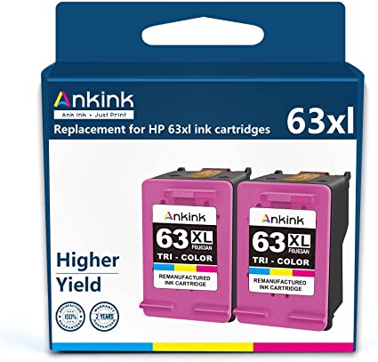 Ankink Higher Yield 63XL Color Ink Cartridges 2 Pack HP Ink 63 XL Fit for Officejet 3830 4650 4652 4655 5200 5252 5255 5258 Envy 4520 4512 Deskjet 1112 2132 3630 3632 Printer HP63 HP63XL 2 Tricolor